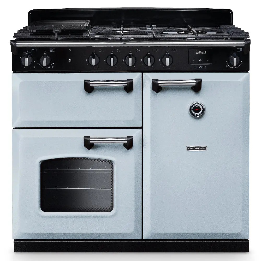 Rangemaster CL100DFPMSBCM1 Classic 100cm Dual Fuel Range Cooker – Misty Blue with Chrome Trim Rangemaster CL100DFPMSB/CM1 Classic 100cm Dual Fuel Range Cooker – Misty Blue with Chrome Trim