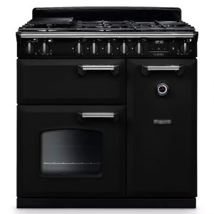 Rangemaster CL90DFPGBL/CM1 Classic 90cm Dual Fuel Range Cooker – Gloss Black with Chrome Trim