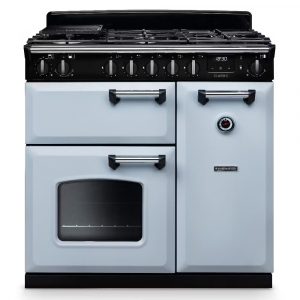 Rangemaster CL90DFPMSBCM1 Classic 90cm Dual Fuel Range Cooker – Misty Blue with Chrome Trim