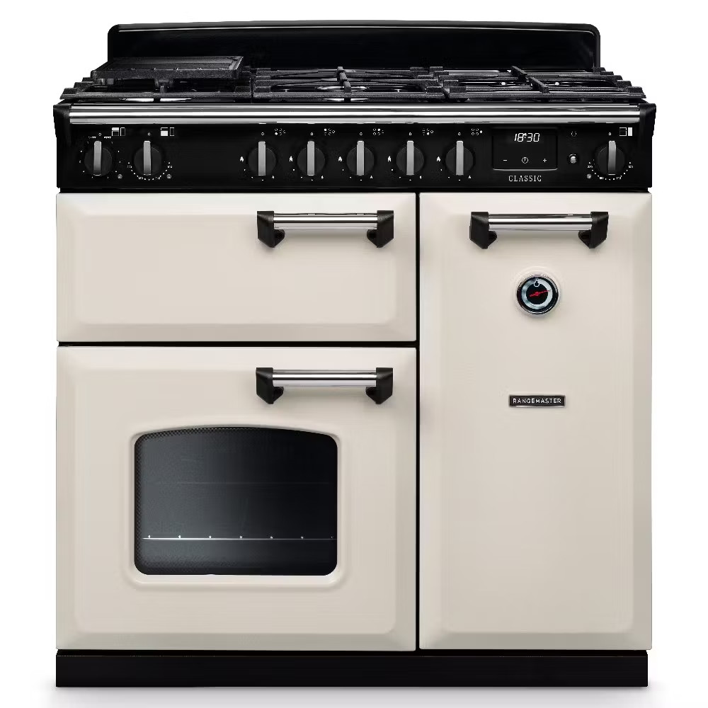 Rangemaster CL90DFPPCRCM1 Classic 90cm Dual Fuel Range Cooker – Pale Cream with Chrome Trim Rangemaster CL90DFPPCR/CM1 Classic 90cm Dual Fuel Range Cooker – Pale Cream with Chrome Trim