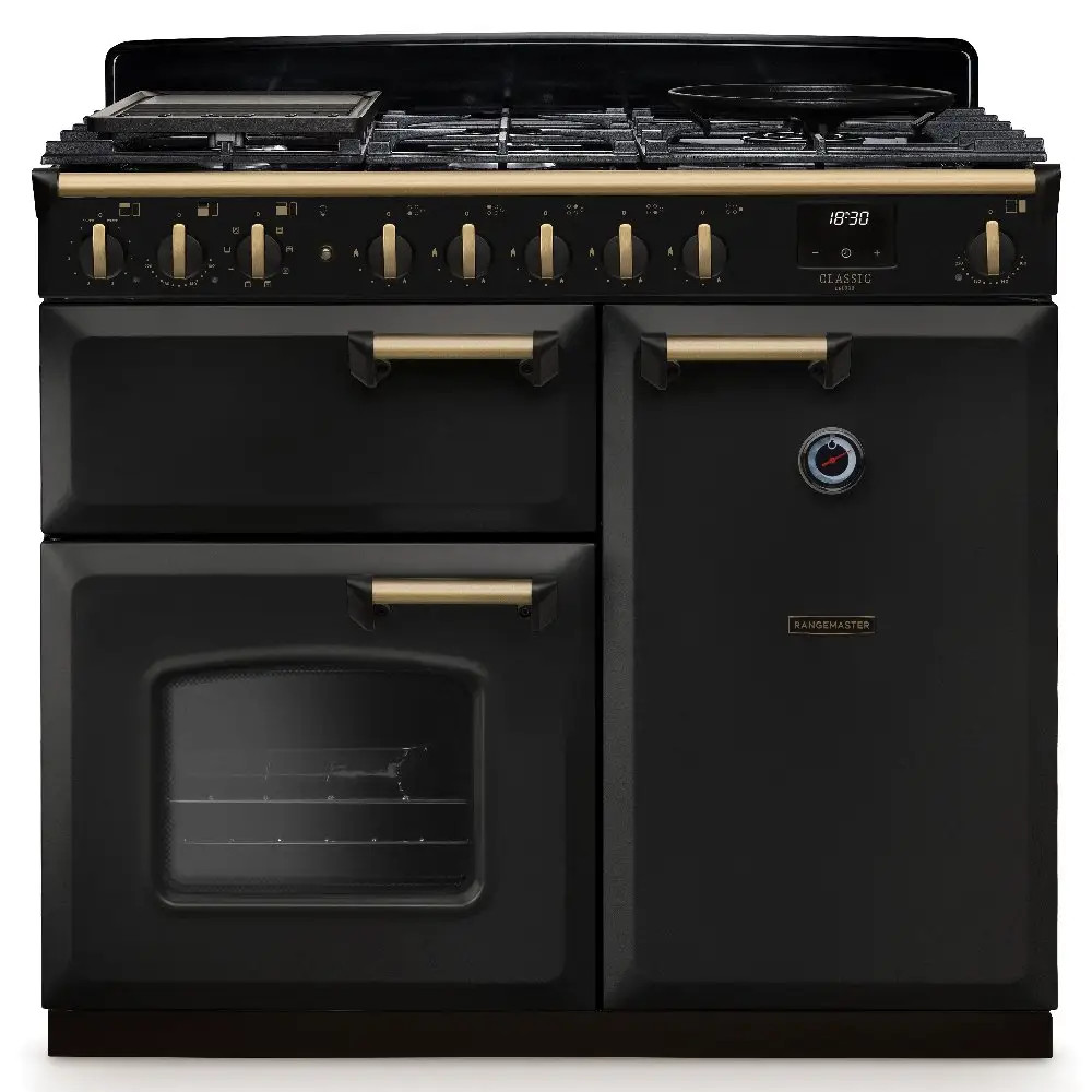 Rangemaster CLDL100DFPCBLAB1 Classic Deluxe 100cm Dual Fuel Range Cooker – Charcoal Black with Antique Brass Trim Rangemaster CLDL100DFPCBL/AB1 Classic Deluxe 100cm Dual Fuel Range Cooker – Charcoal Black with Antique Brass Trim
