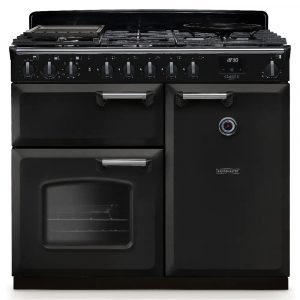 Rangemaster CLDL100DFPCBLCM1 Classic Deluxe 100cm Dual Fuel Range Cooker – Charcoal Black with Chrome Trim