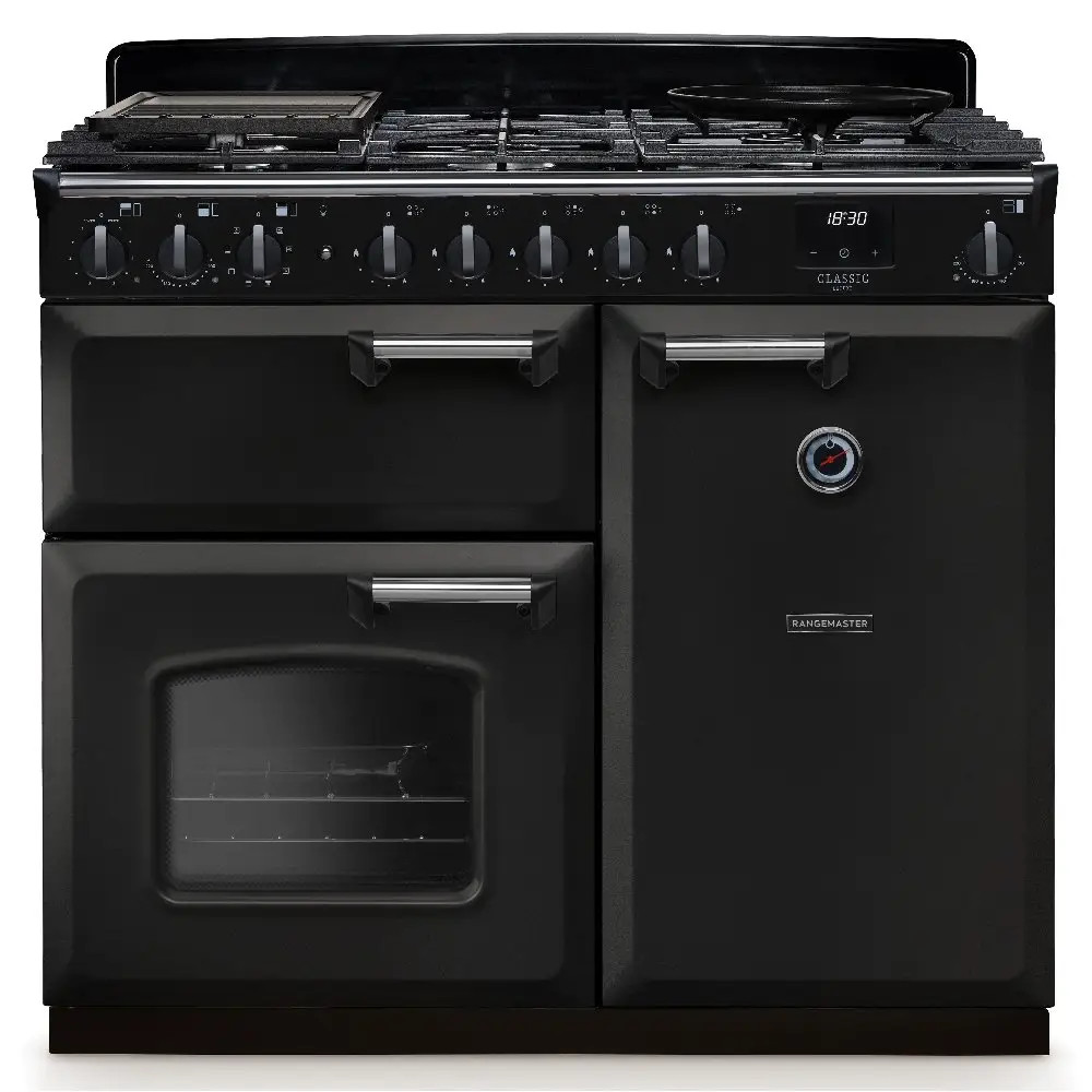 Rangemaster CLDL100DFPCBLCM1 Classic Deluxe 100cm Dual Fuel Range Cooker – Charcoal Black with Chrome Trim Rangemaster CLDL100DFPCBLCM1 Classic Deluxe 100cm Dual Fuel Range Cooker – Charcoal Black with Chrome Trim