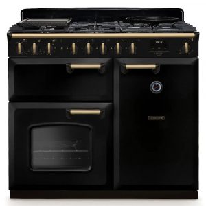 Rangemaster CLDL100DFPGBL/AB1 Classic Deluxe 100cm Dual Fuel Range Cooker – Gloss Black with Antique Brass Trim