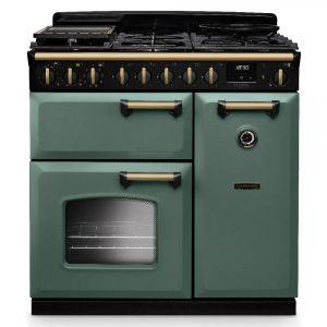 Rangemaster CLDL90DFPMGR/AB1 Classic Deluxe 90cm Dual Fuel Range Cooker – Mineral Green with Antique Brass Trim