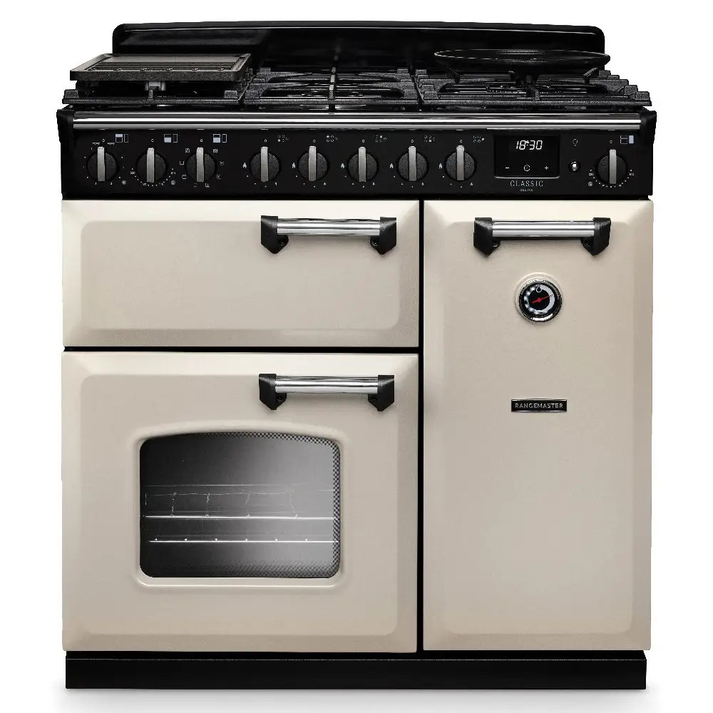 Rangemaster CLDL90DFPPCRCM1 Classic Deluxe 90cm Dual Fuel Range Cooker – Pale Cream with Chrome Trim Rangemaster CLDL90DFPPCR/CM1 Classic Deluxe 90cm Dual Fuel Range Cooker – Pale Cream with Chrome Trim