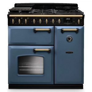 Rangemaster CLDL90DFPSTB/AB1 Classic Deluxe 90cm Dual Fuel Range Cooker – Stone Blue with Antique Brass Trim