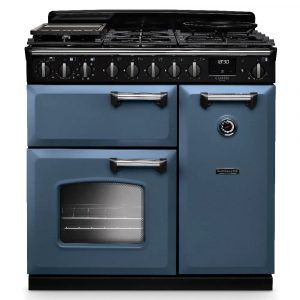 Rangemaster CLDL90DFPSTB/CM1 Classic Deluxe 90cm Dual Fuel Range Cooker – Stone Blue with Chrome Trim