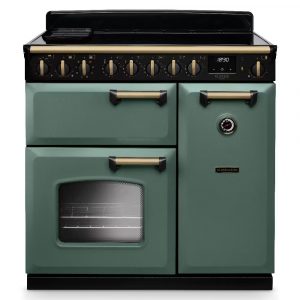Rangemaster CLDL90EIPMGR/AB1 Classic Deluxe 90cm Induction Range Cooker – Mineral Green with Antique Brass Trim