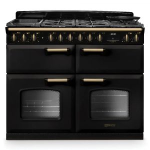 Rangemaster Classic Deluxe CLDLB110DFPCBL/AB1 110cm Dual Fuel Range Cooker – Charcoal Black with Antique Brass Trim