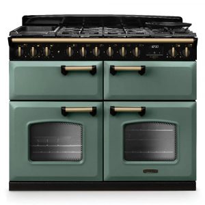Rangemaster Classic Deluxe CLDLB110DFPMGR/AB1 110cm Dual Fuel Range Cooker – Mineral Green with Antique Brass Trim