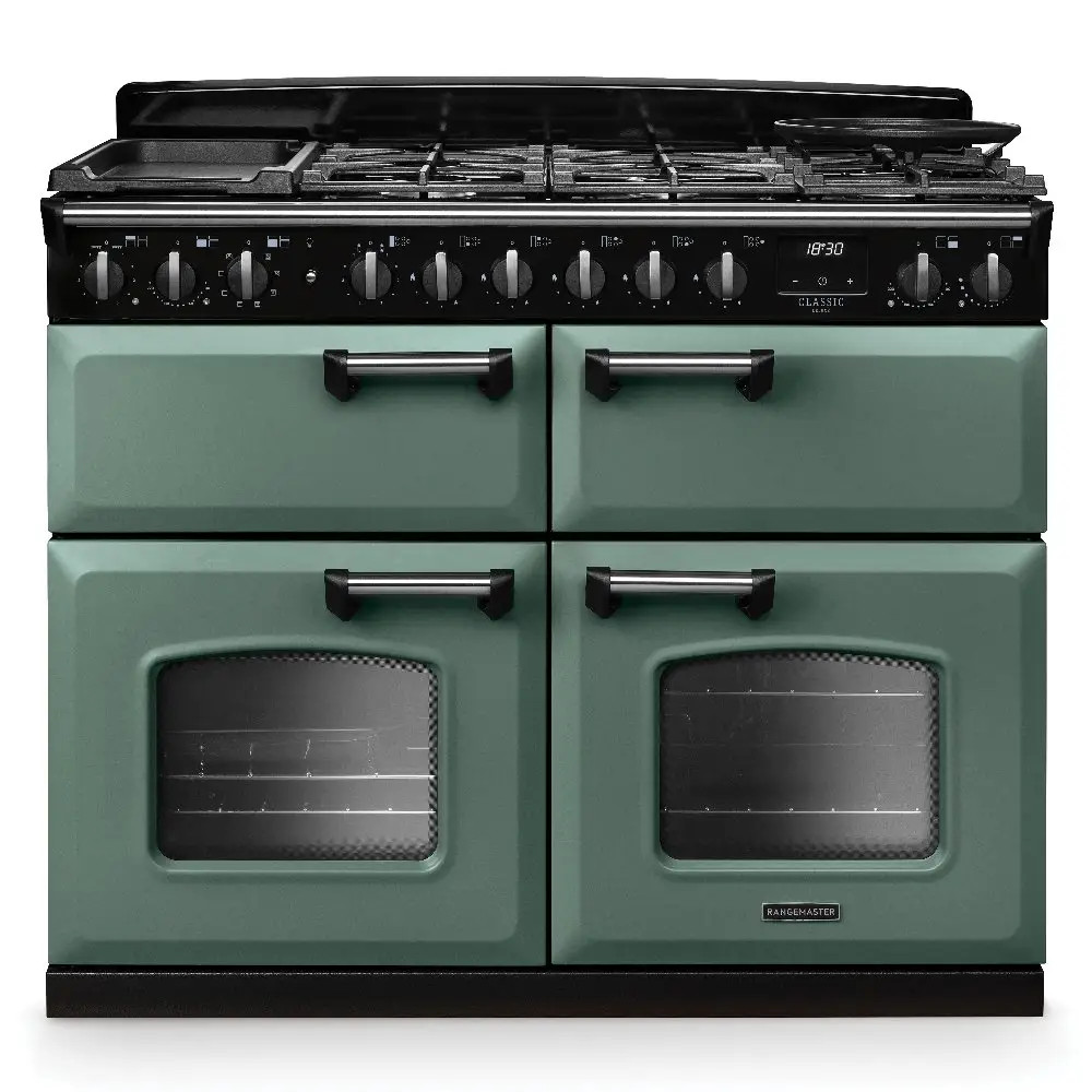 Rangemaster Classic Deluxe CLDLB110DFPMGRCM1 110cm Dual Fuel Range Cooker – Mineral Green with Chrome Trim Rangemaster Classic Deluxe CLDLB110DFPMGR/CM1 110cm Dual Fuel Range Cooker – Mineral Green with Chrome Trim