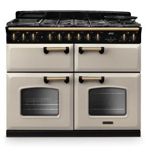 Rangemaster Classic Deluxe CLDLB110DFPPCR-AB1 110cm Dual Fuel Range Cooker – Pale Cream with Antique Brass Trim