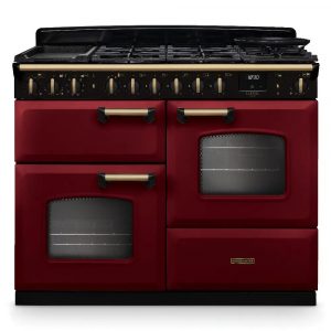 Rangemaster Classic Deluxe CLDLO110DFPBOR-AB1 110cm Dual Fuel Range Cooker – Bordeaux with Antique Brass Trim
