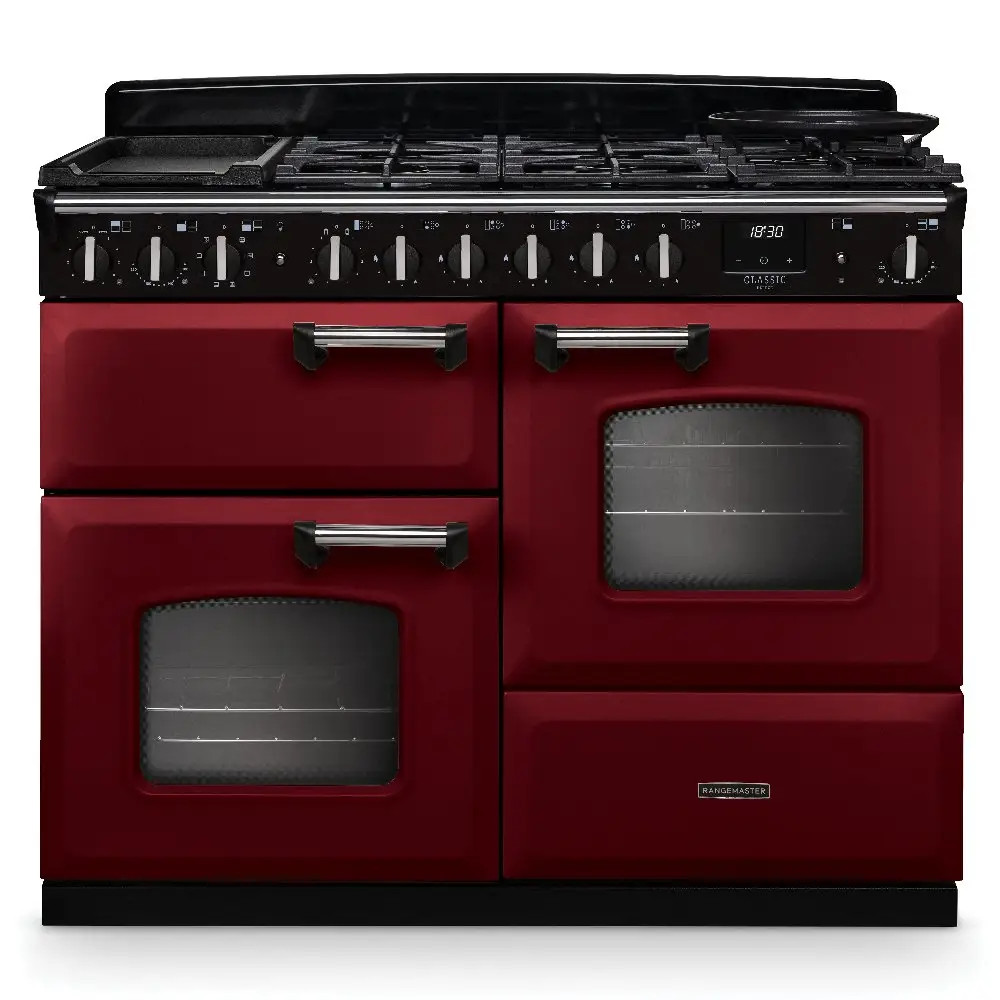 Rangemaster Classic Deluxe CLDLO110DFPBOR-CM1 110cm Dual Fuel Range Cooker – Bordeaux with Chrome Trim Rangemaster Classic Deluxe CLDLO110DFPBOR/CM1 110cm Dual Fuel Range Cooker – Bordeaux with Chrome Trim