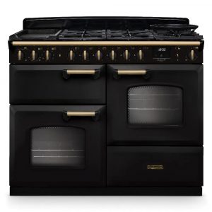 Rangemaster Classic Deluxe CLDLO110DFPCBL/AB1 110cm Dual Fuel Range Cooker – Charcoal Black With Antique Brass Trim