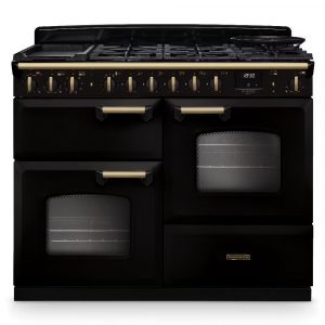 Rangemaster Classic Deluxe CLDLO110DFPGBL-AB1 110cm Dual Fuel Range Cooker – Gloss Black With Antique Brass Trim