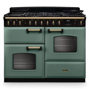 Rangemaster Classic Deluxe CLDLO110DFPMGR/AB1 110cm Dual Fuel Range Cooker – Mineral Green With Antique Brass Trim