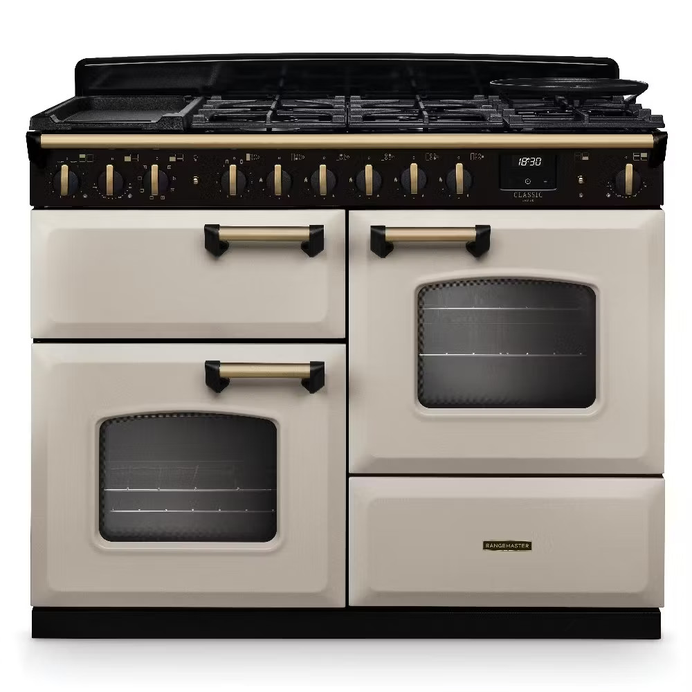 Rangemaster Classic Deluxe CLDLO110DFPPCR/AB1 110cm Dual Fuel Range Cooker – Pale Cream With Antique Brass Trim