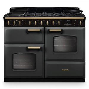 Rangemaster Classic Deluxe CLDLO110DFPSLT/AB1 110cm Dual Fuel Range Cooker – Slate With Antique Brass Trim