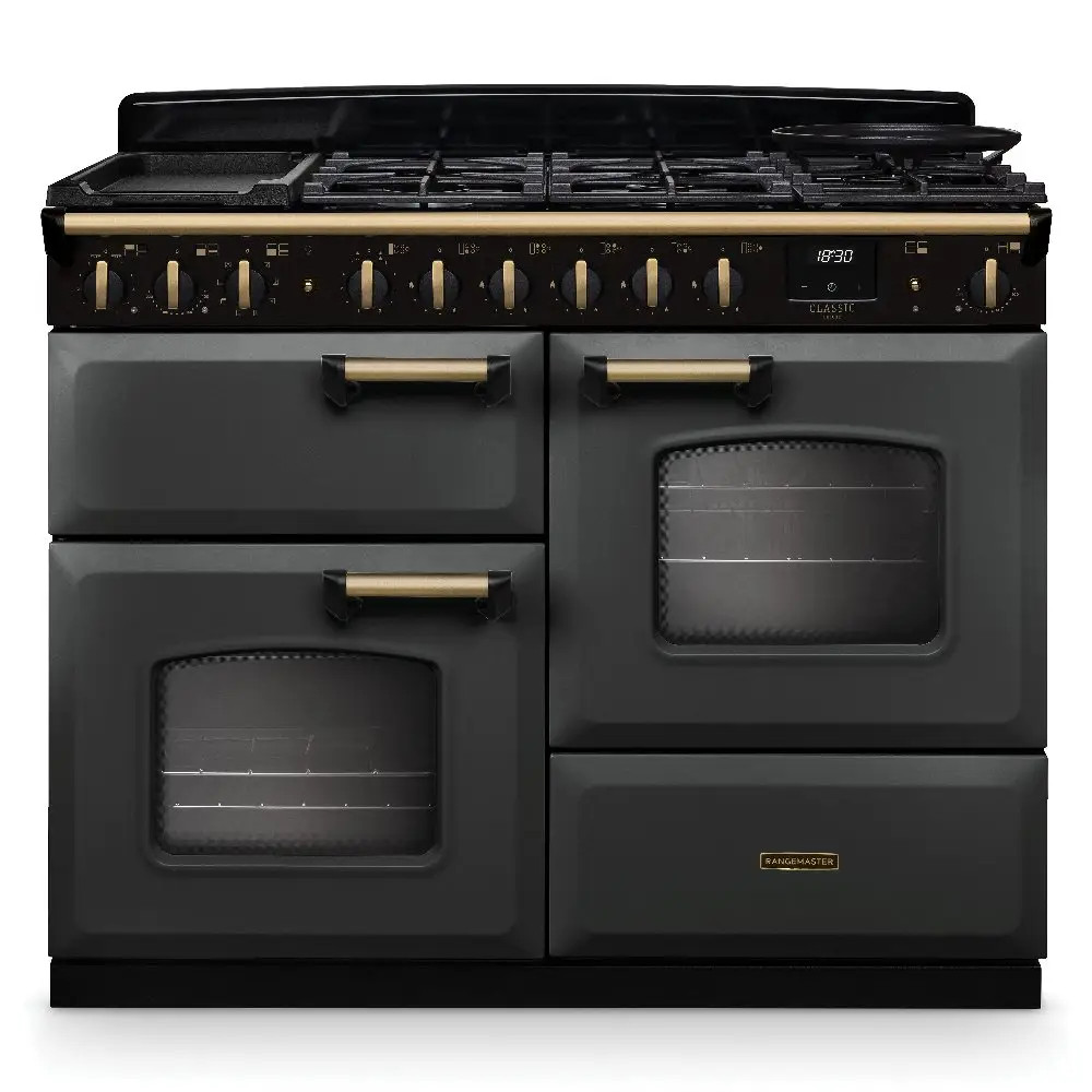 Rangemaster Classic Deluxe CLDLO110DFPSLT-AB1 110cm Dual Fuel Range Cooker – Slate With Antique Brass Trim Rangemaster Classic Deluxe CLDLO110DFPSLT/AB1 110cm Dual Fuel Range Cooker – Slate With Antique Brass Trim