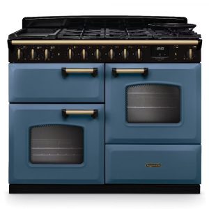 Rangemaster Classic Deluxe CLDLO110DFPSTB-AB1 110cm Dual Fuel Range Cooker – Stone Blue With Antique Brass Trim