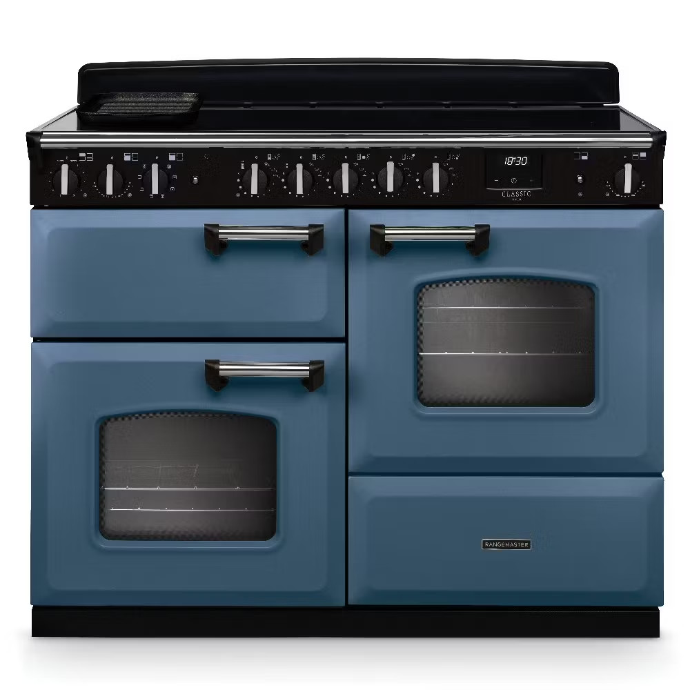 Rangemaster Classic Deluxe CLDLO110EIPSTB-CM1 110cm Induction Range Cooker – Stone Blue With Chrome Trim Rangemaster Classic Deluxe CLDLO110EIPSTB-CM1 110cm Induction Range Cooker – Stone Blue With Chrome Trim