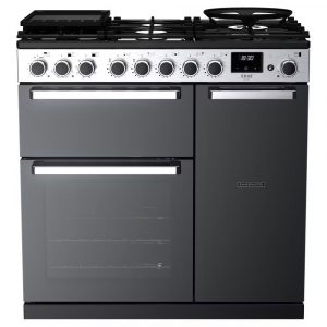 Rangemaster EDDL90DFGBLK-CM1 Edge Deluxe 90cm Dual Fuel Range Cooker – Gloss Black with Chrome Trim