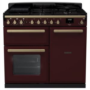 Rangemaster ESDL100DFPBORAB1 Estel Deluxe 100cm Dual Fuel Range Cooker – Bordeaux with Antique Brass Trim