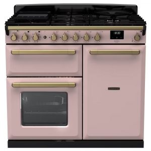 Rangemaster ESDL100DFPPPK/CM1 Estel Deluxe 100cm Dual Fuel Range Cooker – Pale Pink with Antique Brass Trim