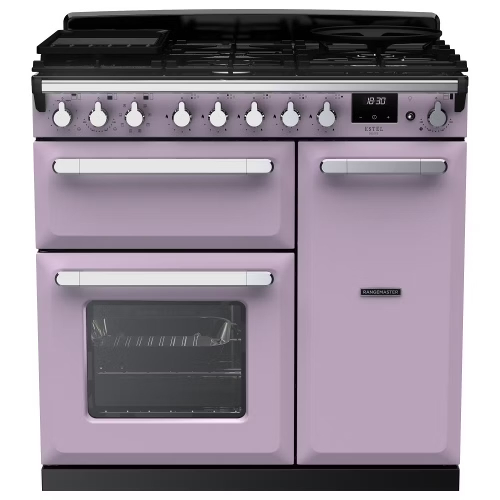 Rangemaster ESDL90DFPHTH/CM1 Estel Deluxe 90cm Dual Fuel Range Cooker – Heather with Chrome Trim