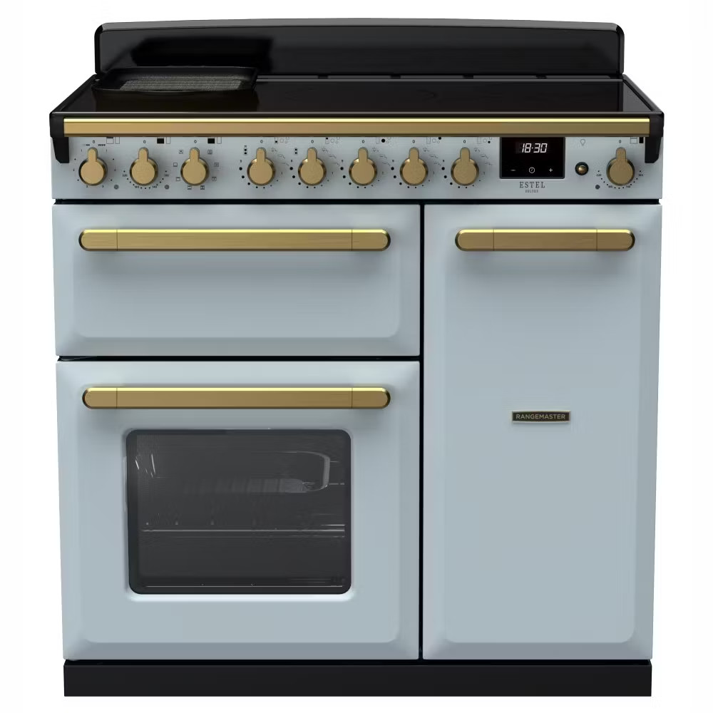 Rangemaster ESDL90EIPMSBAB1 Estel Deluxe 90cm Induction Range Cooker – Misty Blue with Antique Brass Trim Rangemaster ESDL90EIPMSB/AB1 Estel Deluxe 90cm Induction Range Cooker – Misty Blue with Antique Brass Trim
