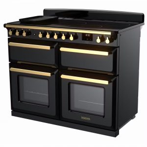 Rangemaster ESDLB110EIPGBL-AB1 Estel Deluxe BC 110cm Induction Range Cooker – Gloss Black with Antique Brass Trim1