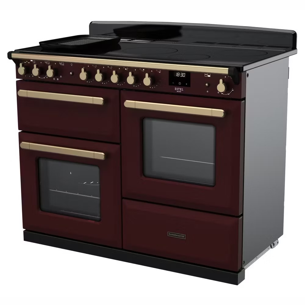 Rangemaster ESDLO110EIPBOR-AB1 Estel Deluxe OC 110cm Induction Range Cooker – Bordeaux with Antique Brass Trim 1
