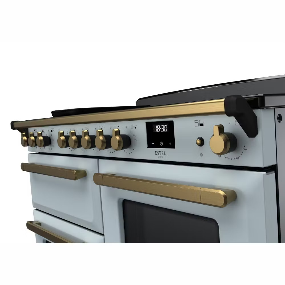 Rangemaster ESDLO110EIPMSB-AB1 Estel Deluxe OC 110cm Induction Range Cooker – Misty Blue with Antique Brass 2